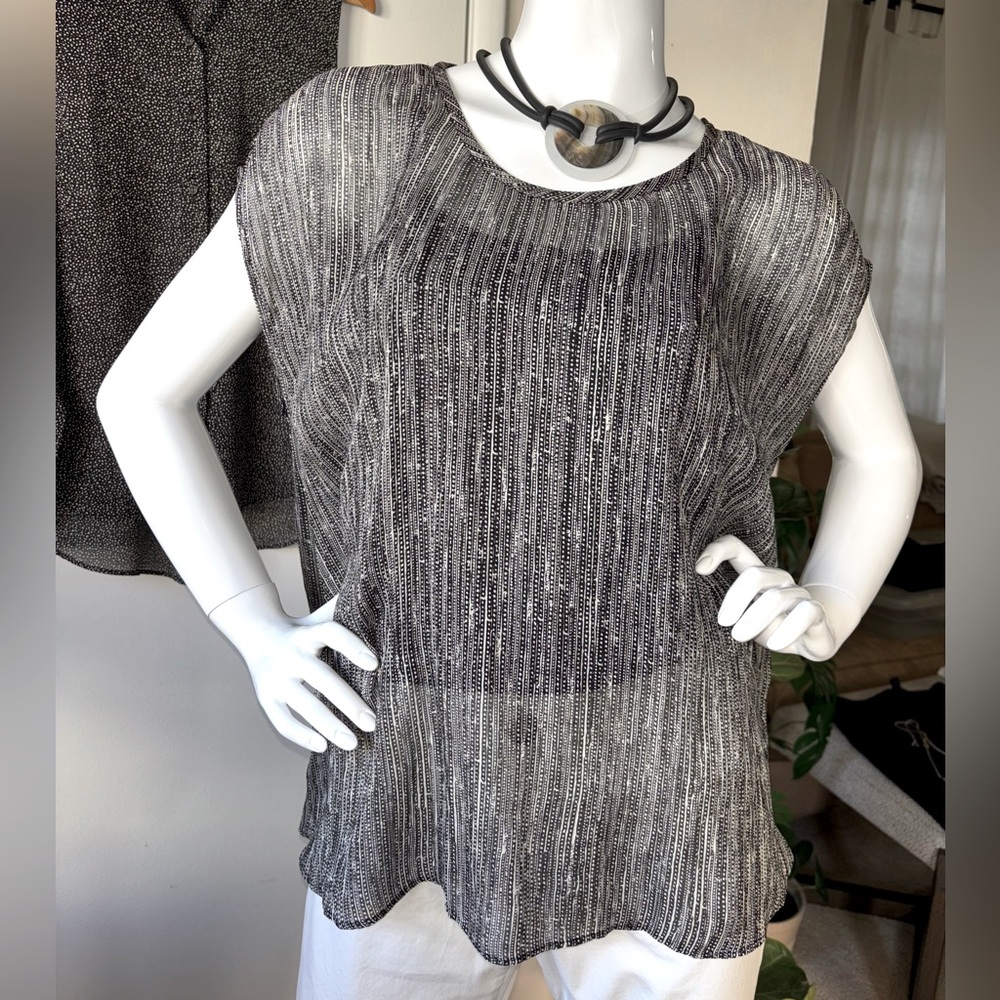 Eileen Fisher Black & Off White Dot/Dash Silk Blouse - Picture 4 of 11
